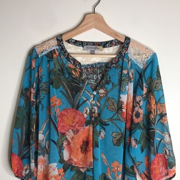 Figueroa & Flower Sheer Floral V-neck Long-sleeved sheer Blouse size medium boho - Picture 3 of 12